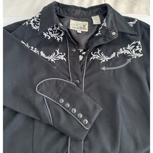 Roper Western Shirt Womens L Black Pearl Snap Button Embroidered Cowgirl Rodeo